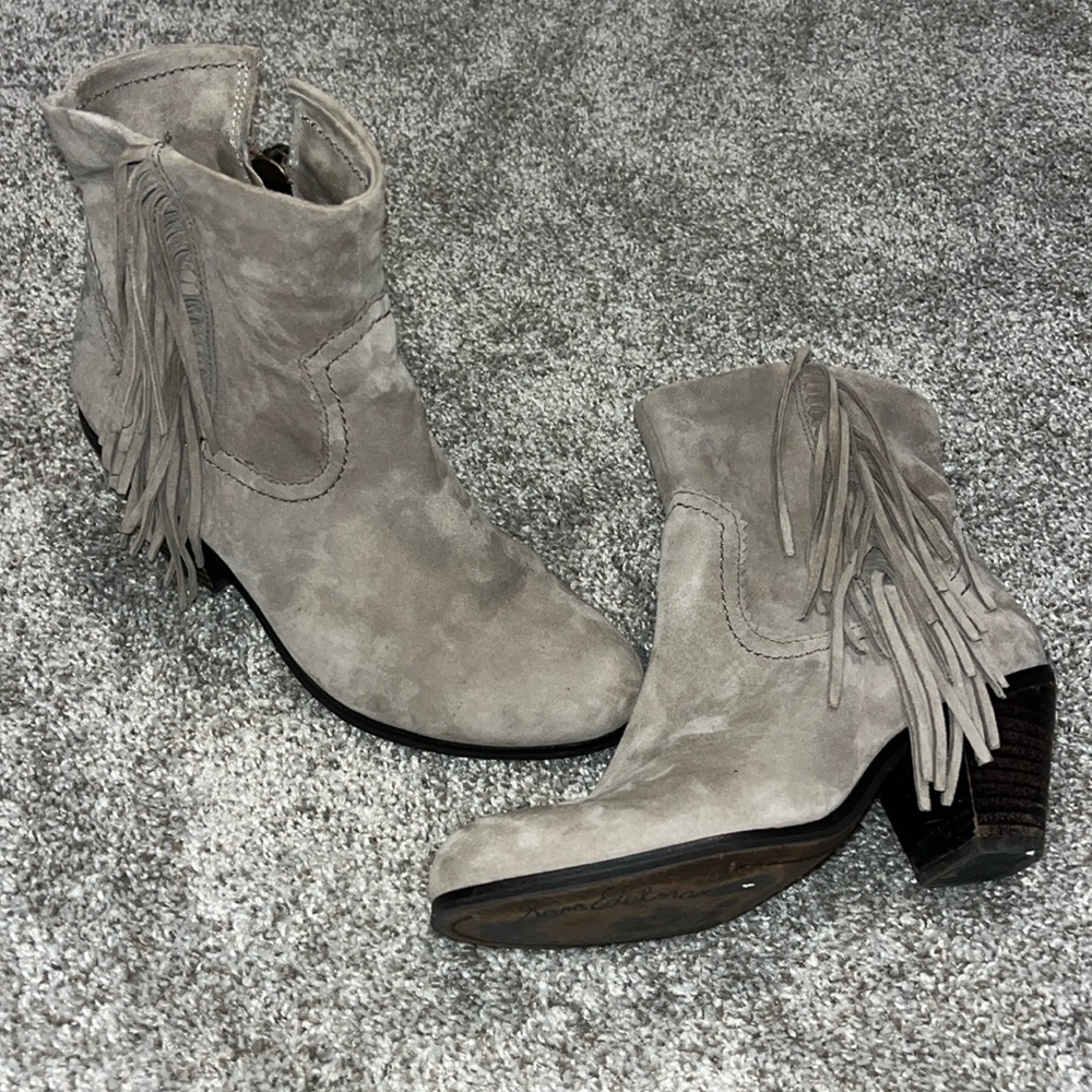 Grey Sam Edelman booties with fringe detail